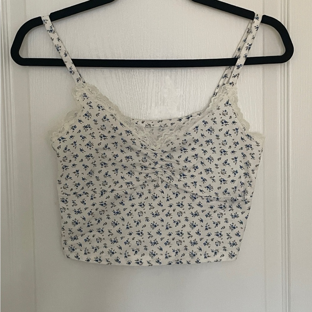 Floral Lace-Trim Crop Top - Blue on Cream